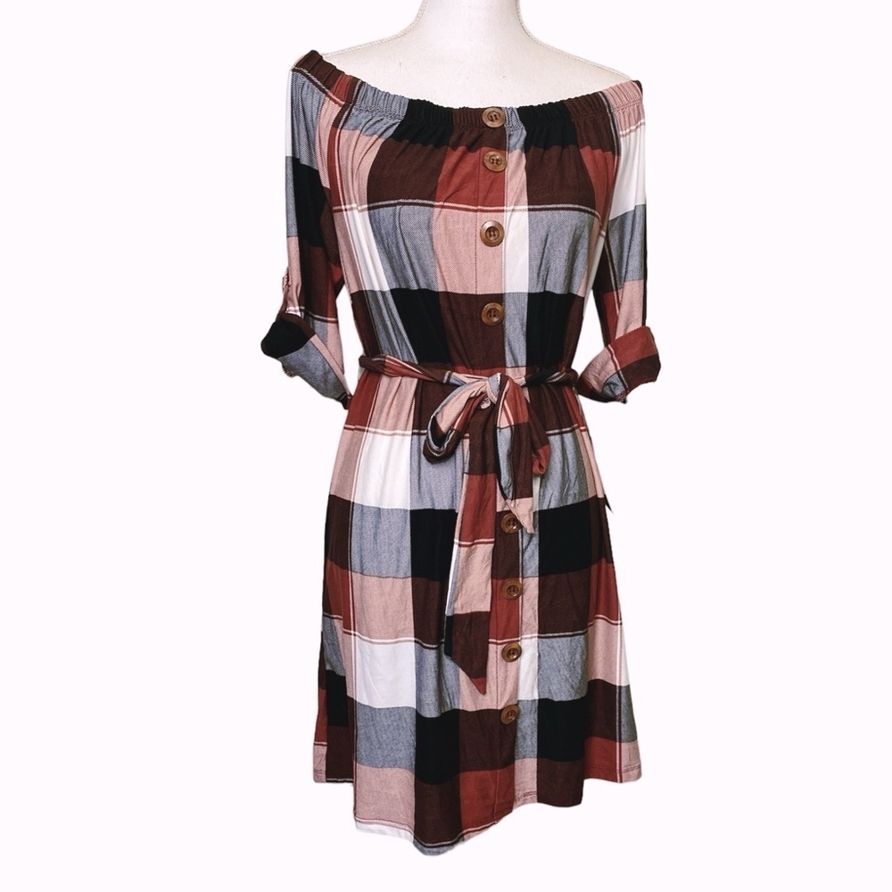 J for Justify Dress Off-Shoulder Plaid Mini Dress Women Belted Size Large
